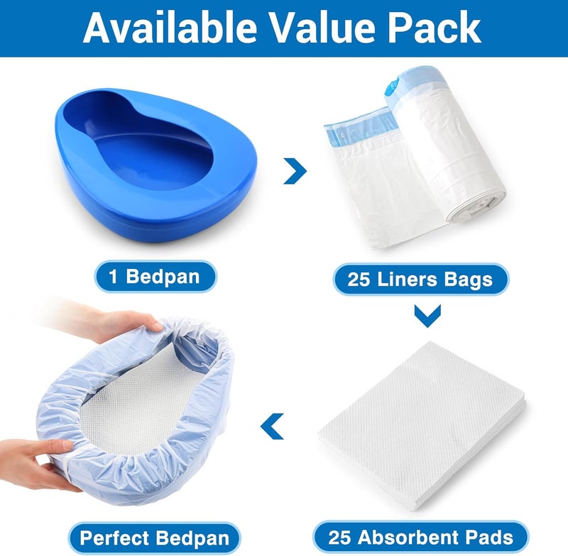 Tilcare Contoured Bedpan Set with 25 Super Absorbent Pads and Liners - Heavy Duty Bed Pan for Females and Men - For Hospital or Home Use of the Elderly and Bedridden Patients - Pads Absorb up to 35 oz /1000ml - Image 2